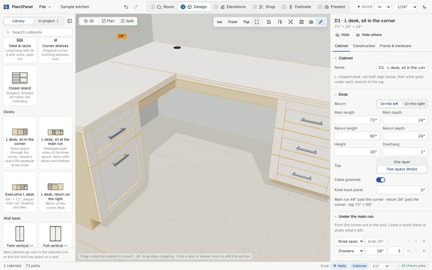 An L-shaped desk with knee space through the corner, a drawer pedestal and a file pedestal.