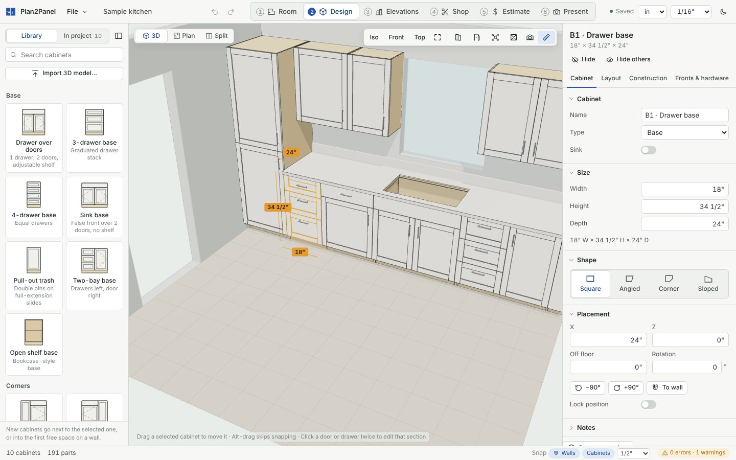 Design step: a 3D kitchen with a drawer base selected and its size, shape and placement in the side panel.