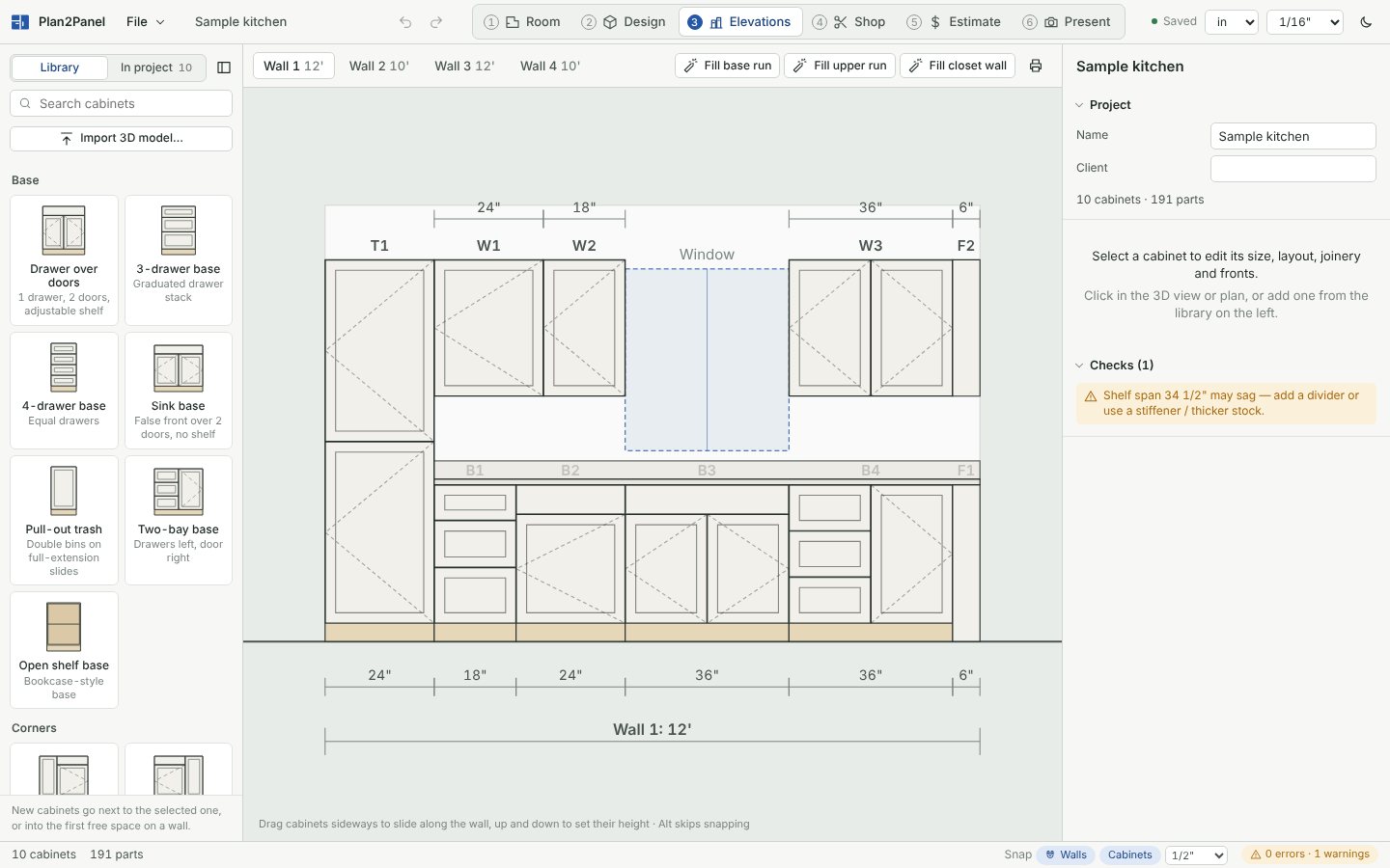 Elevations step: the kitchen wall drawn to scale with upper and base cabinets and dimension strings.