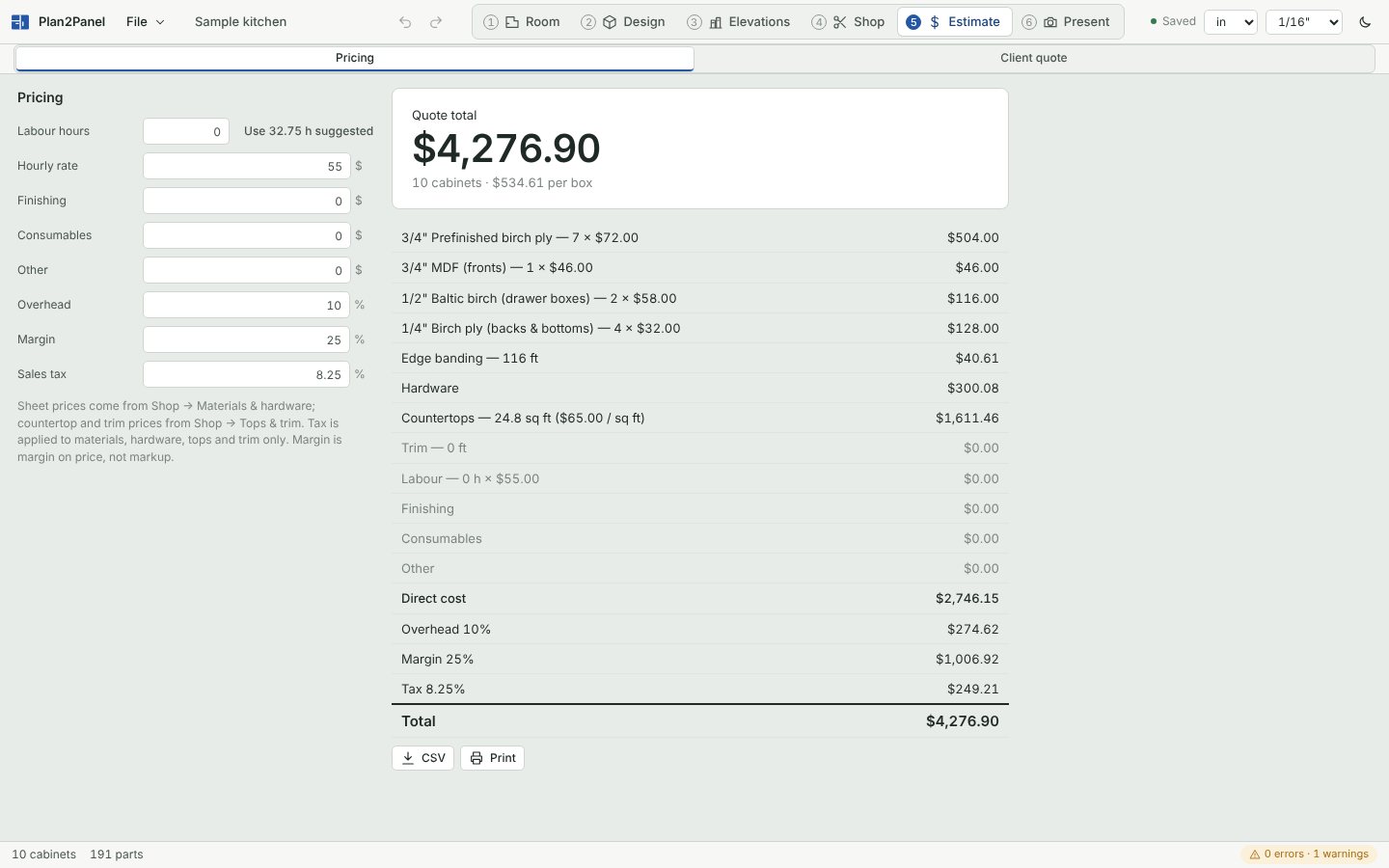Estimate step: materials, hardware, countertops, labour, overhead and margin adding up to a quote.