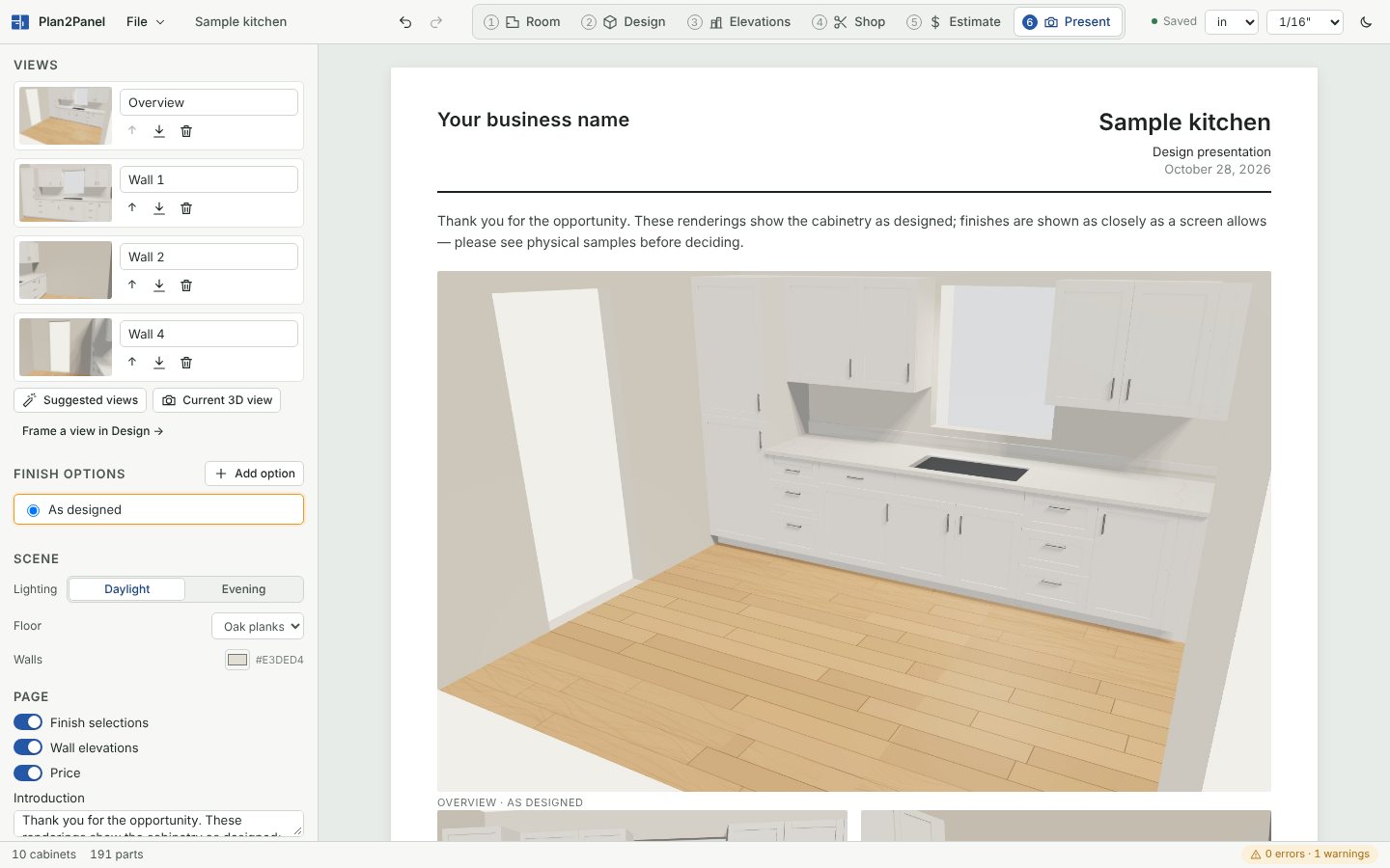 Present step: a client presentation page with a rendered view of the kitchen.