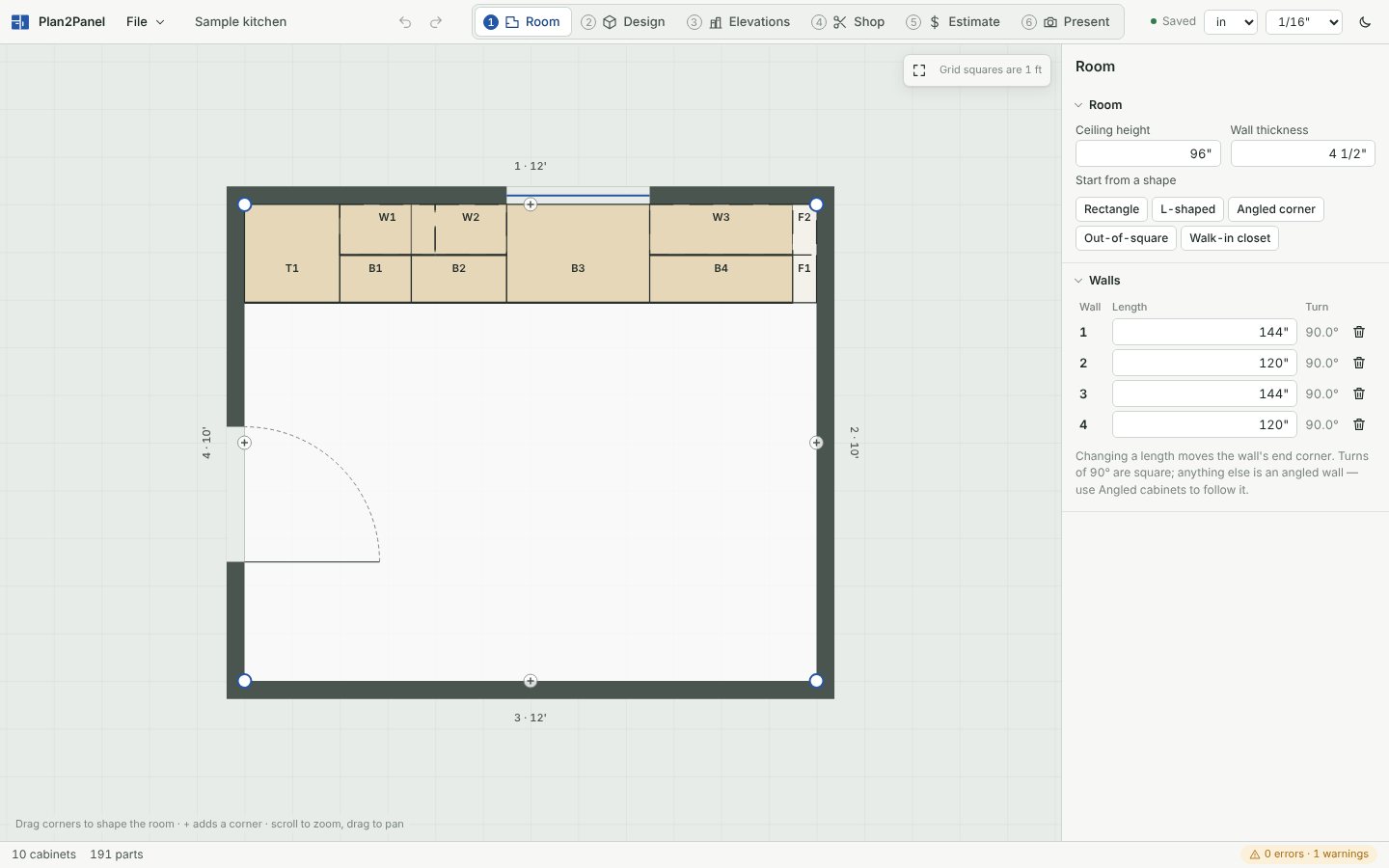 Room step: a kitchen floor plan with walls, a door, a window and wall lengths.