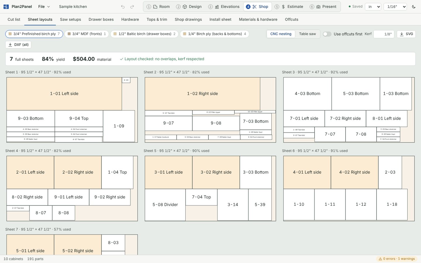 Shop step: seven plywood sheets with every part nested and labelled, 84 percent yield.