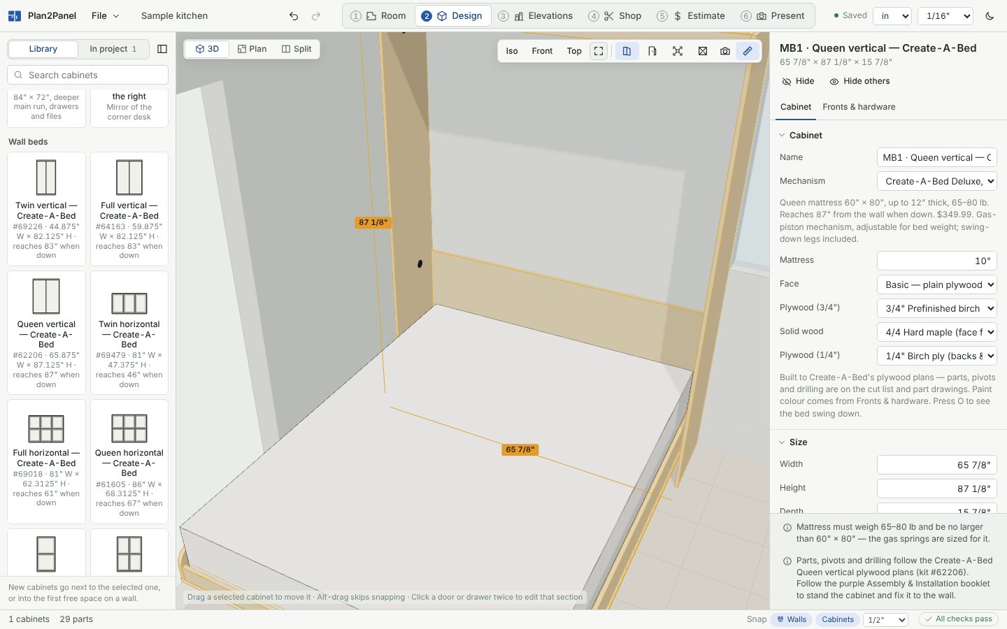 A queen Murphy bed cabinet with the bed swung down in 3D.